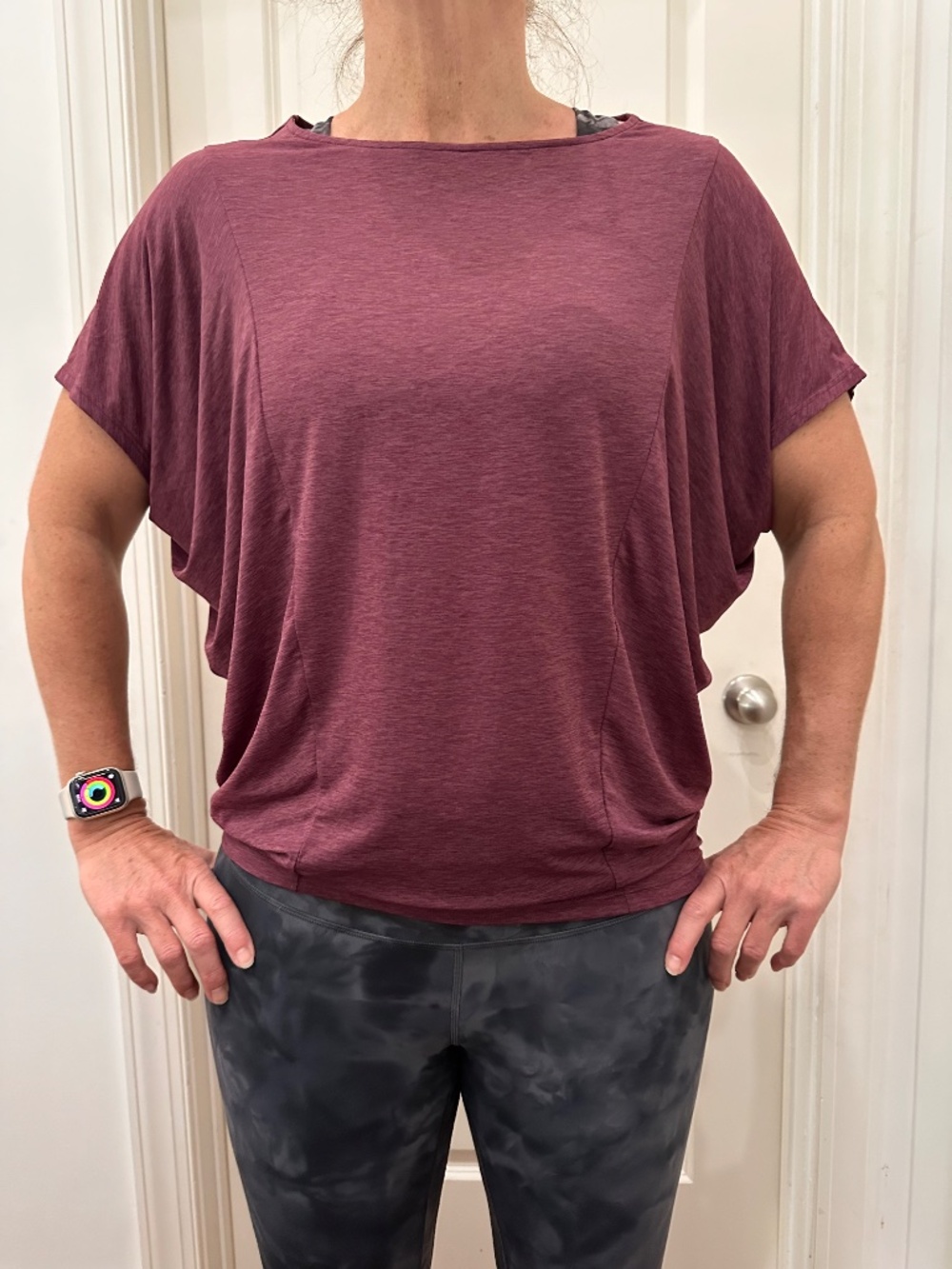 Lucy Purple Heathered Batwing Short Sleeved Cowl Neck Boxy Athletic T Shirt - S